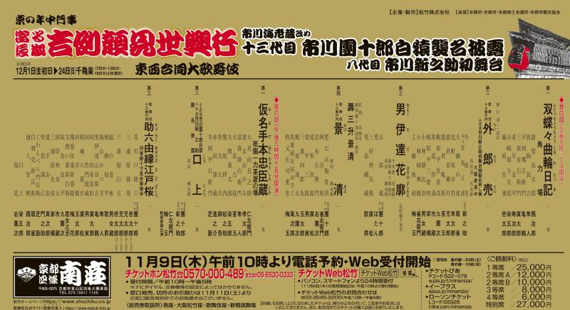 今年も、東京と関西の評判の歌舞伎役者が、顔を揃える、南座の「當る辰歳吉例顔見世興行東西合同大歌舞伎」。今年は、「歌舞伎十八番（おはこ）」、といわれる市川家の「お家芸」の演目から、「助六」「外郎売（ういろううり）」「景清」が入っている。これだけ、たて続けに観ると、南座を出るころには、すっかり「荒事（あらごと）」の節回しと型が、自然と体から発せられてくるかも。（松竹HPより）